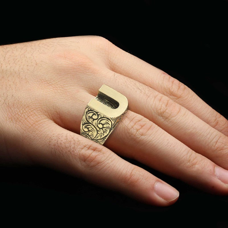 Specil Design Sterling Silver Letter U Monogram Ring - view 3