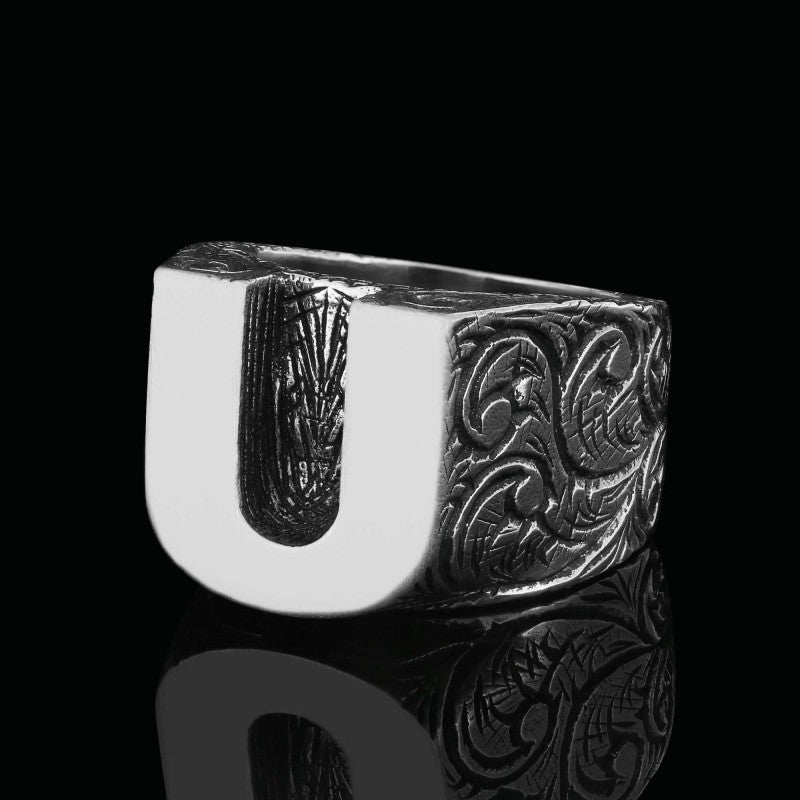 Specil Design Sterling Silver Letter U Monogram Ring - view 7