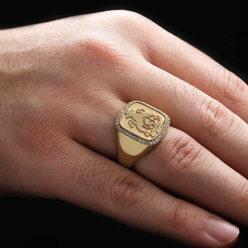 925 Sterling Silver Square Raised Family Crest Ring