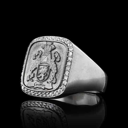 925 Sterling Silver Square Raised Family Crest Ring