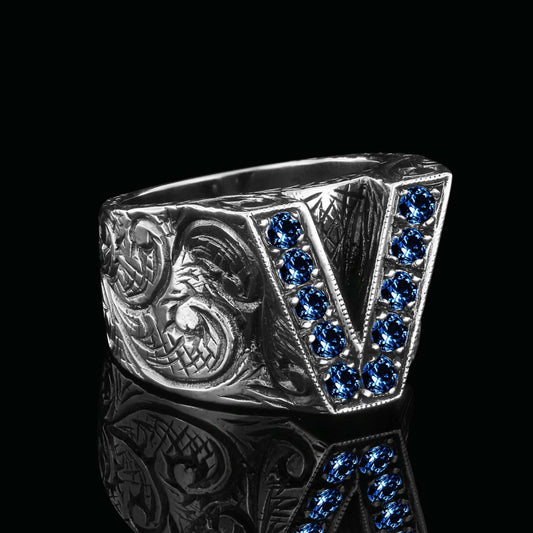 Special Design Sterling Silver Letter Monogram V Ring by SWISS PLUS - Letter Collection - view 2