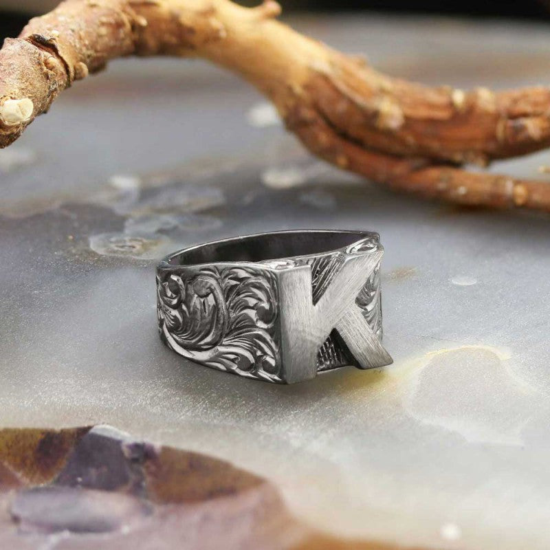 Sterling Silver Monogram K Bold Alphabet Women Ring