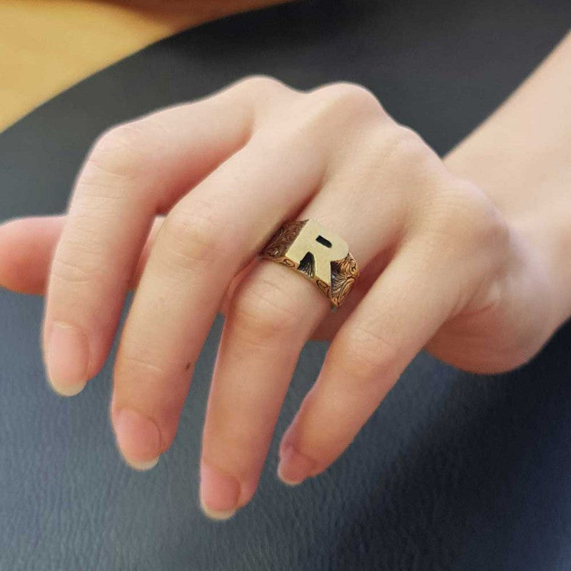Sterling Silver Monogram R Bold Alphabet Women Ring - view 3