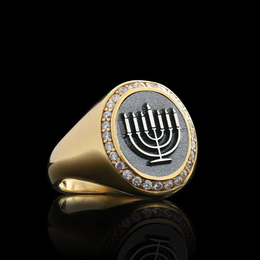 Sterling Silver Unique Design Oval Stone Jewish Menorah Isolated Women Ring - view 2