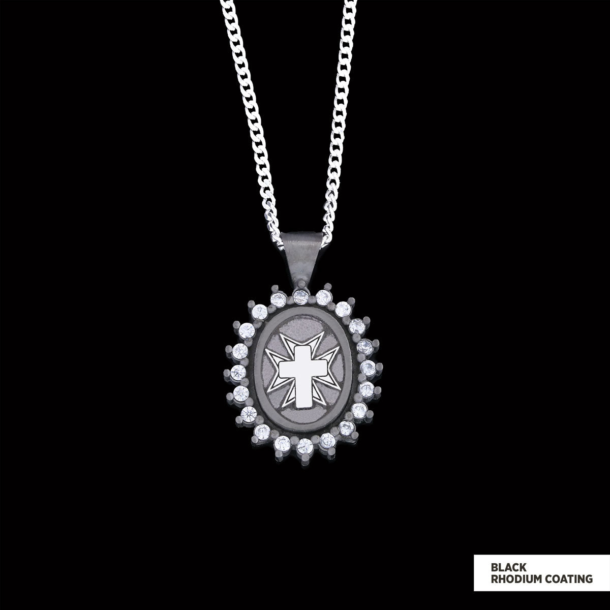 Stone Cross Silver Necklace, Gold Plated Silver Christian Cross Stone Pendant, Silver Oval Cross Necklace Black Rhodium Coating