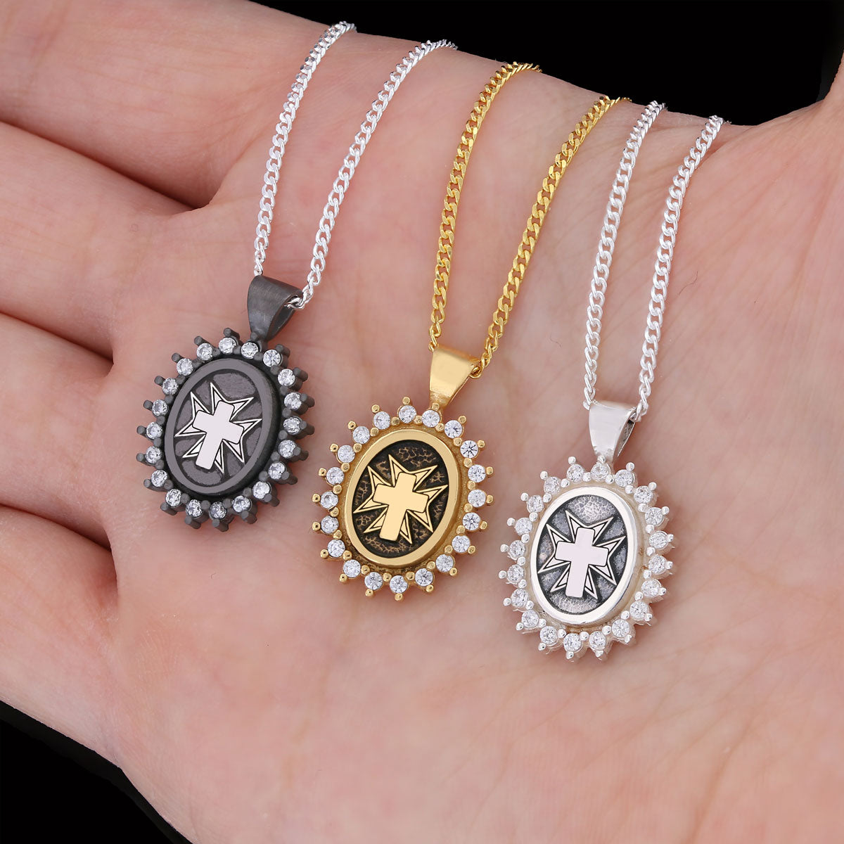 Stone Cross Silver Necklace, Gold Plated Silver Christian Cross Stone Pendant, Silver Oval Cross Necklace Black Rhodium Coating