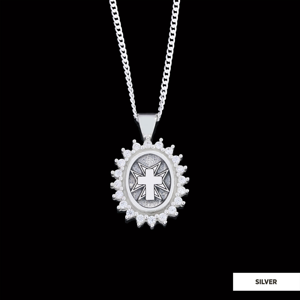 Stone Cross Silver Necklace, Gold Plated Silver Christian Cross Stone Pendant, Silver Oval Cross Necklace Silver