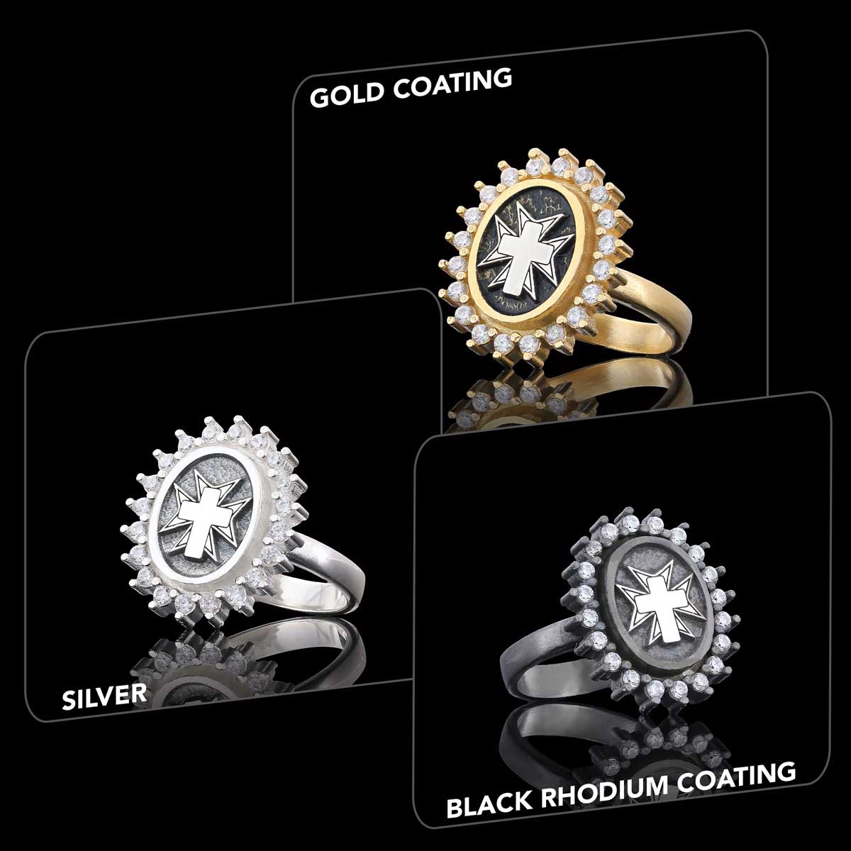 Stone Cross Silver Ring, Gold Plated Silver Christian Cross Stone Ring, Silver Oval Cross Ring, Christian Gift Black Rhodium