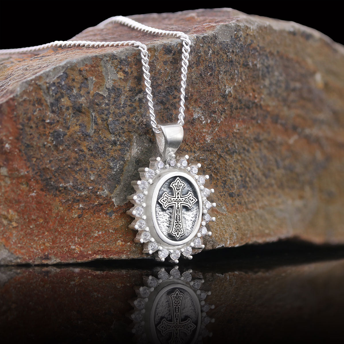 Stone Special Design Motif Cross Necklace, Gold Plated Silver Cross Christian Pendant, Rhodium Plated Stone Oval Silver Necklace Silver