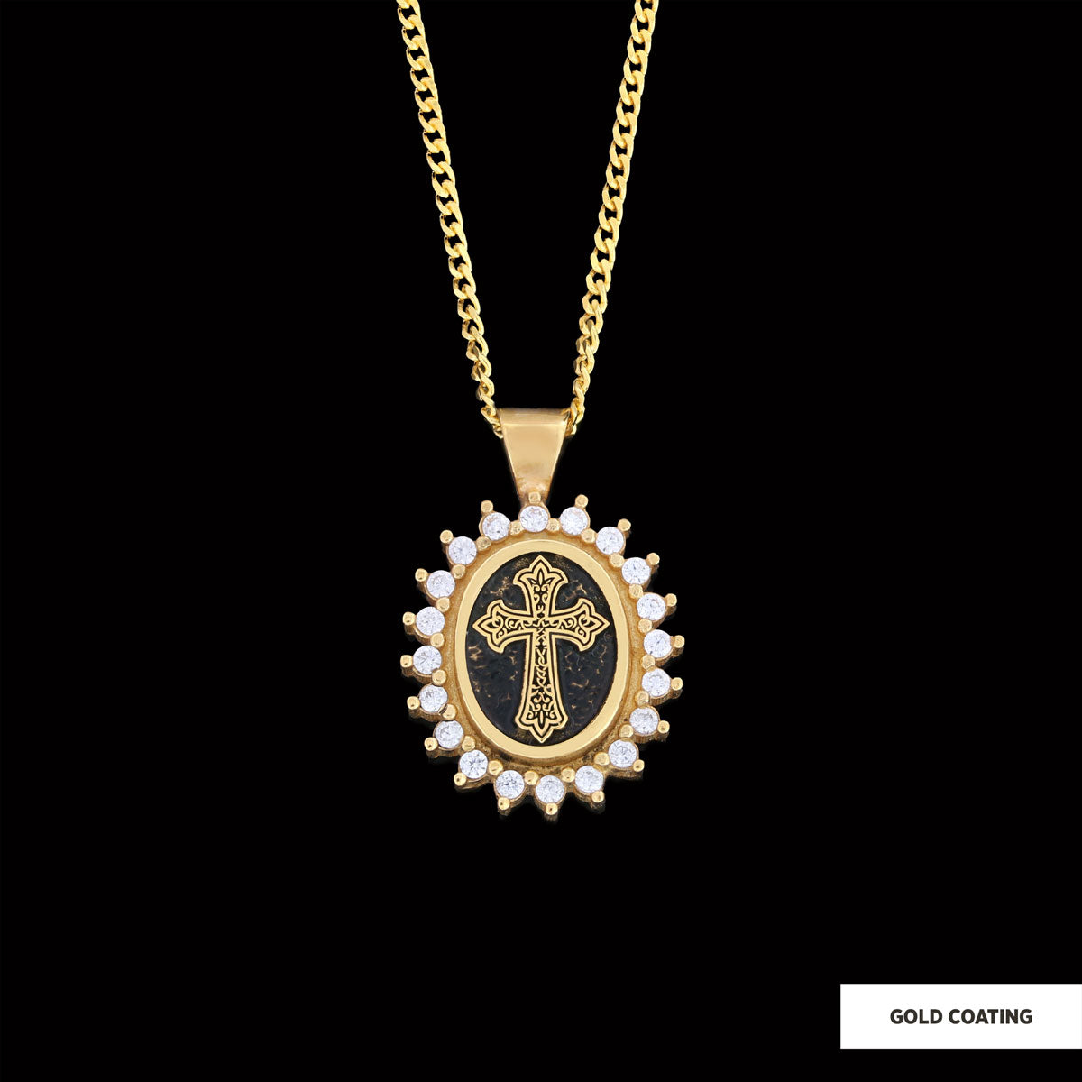 Stone Special Design Motif Cross Necklace, Gold Plated Silver Cross Christian Pendant, Rhodium Plated Stone Oval Silver Necklace