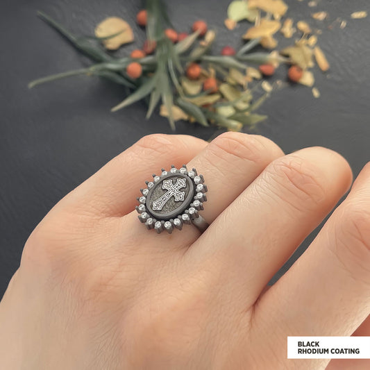 Stone Special Motif Ring, Gold Plated Silver Crusader Christian Ring, Rhodium Plated Stone Oval Silver Ring, Crusader Women's Jewelry Gift Black Rhodium Coating