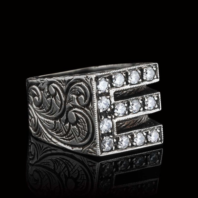 Stone White Monogram E Bold Alphabet Ring