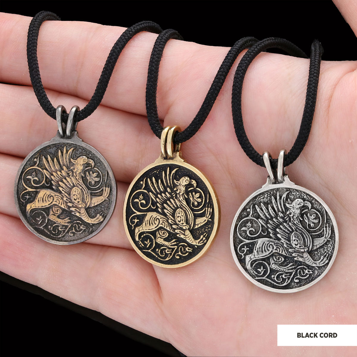 Unique Design Round Gryphon Pendant Black Rhodium Coating-Cord by SWISS PLUS - Unique Pendants & Cool Design Necklaces - view