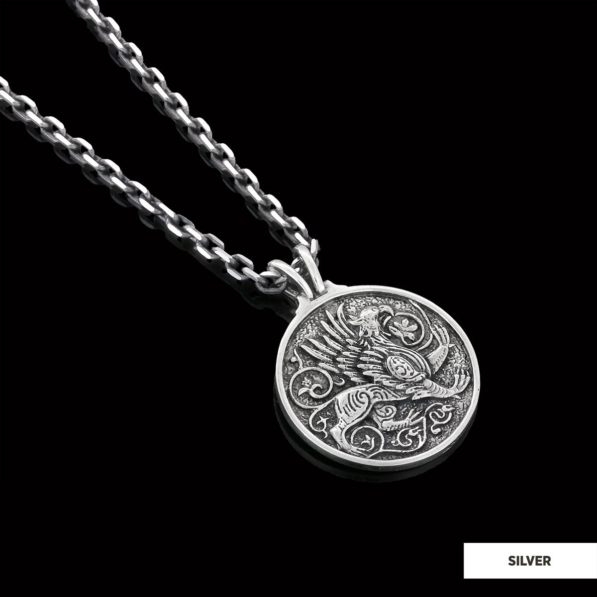 Unique Design Round Gryphon Pendant Silver-Chain