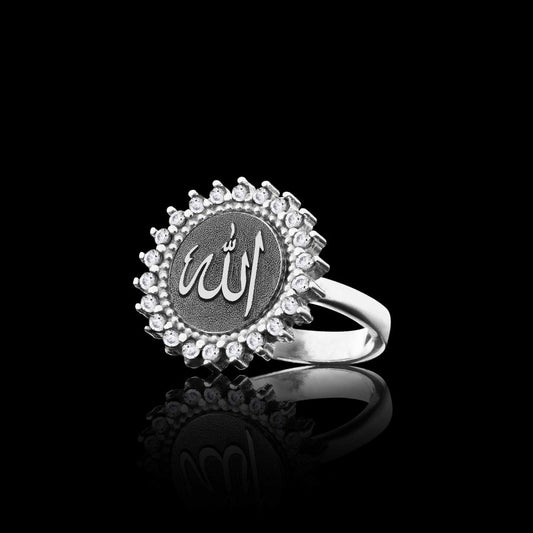 Unique Design Round Stone Allah Islamic Sterling Silver Women Ring