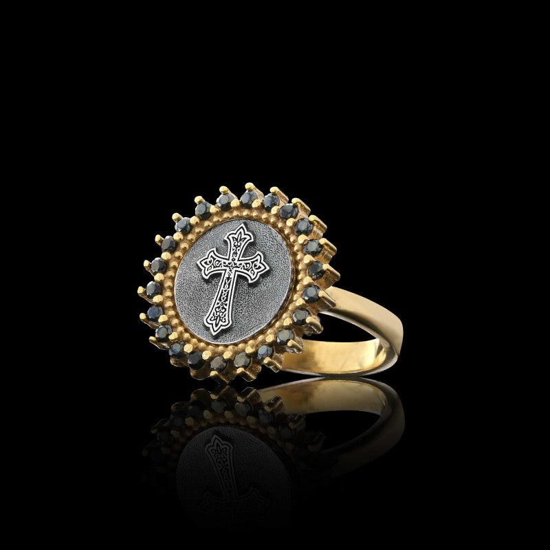 Unique Design Round Stone White and Black Christian Cross Women Ring