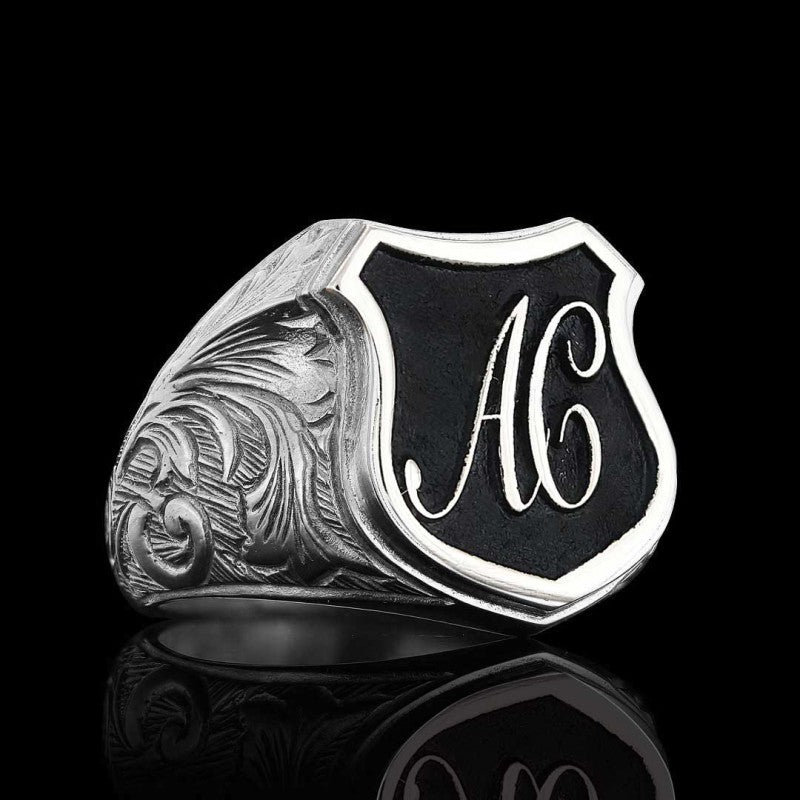 Unique Design Silver Motif A - C Letter Monogram Ring