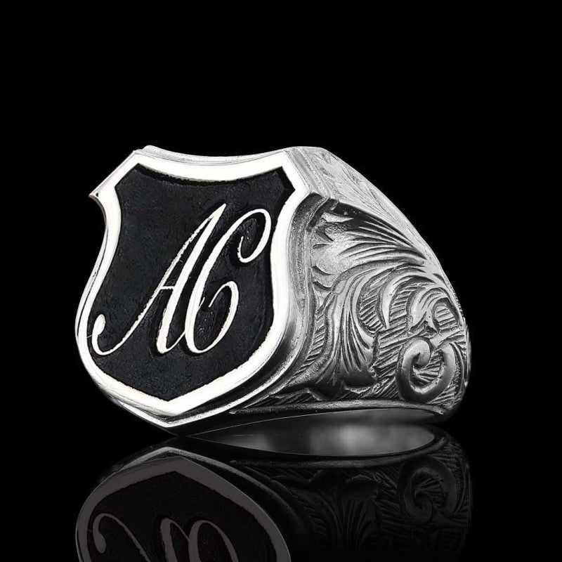 Unique Design Silver Motif A - C Letter Monogram Ring