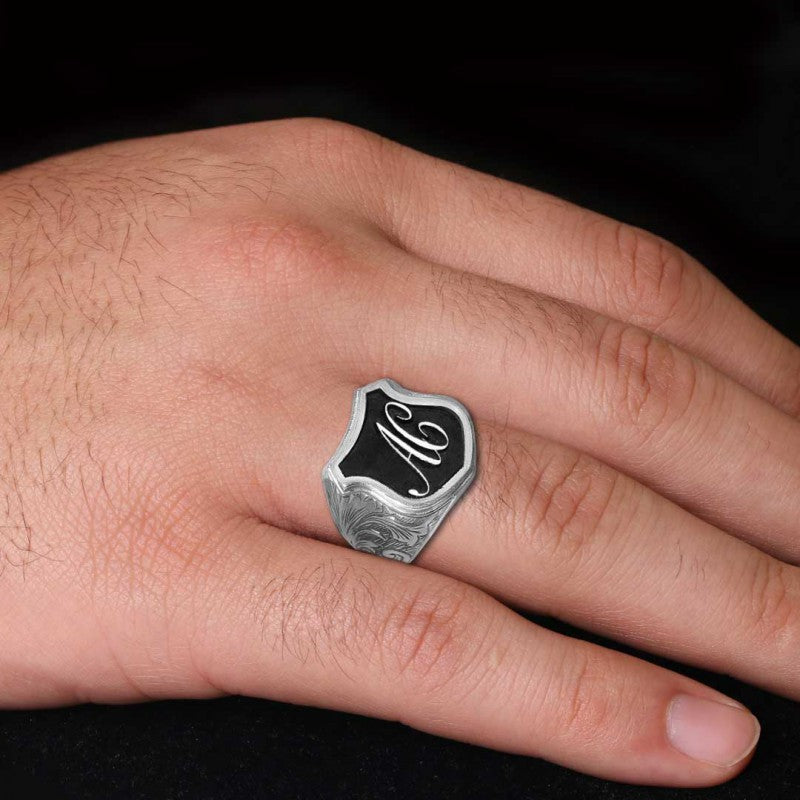 Unique Design Silver Motif A - C Letter Monogram Ring