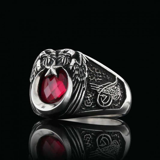 Unique Double Head Eagle Stoned Ring with Tughra - view 2