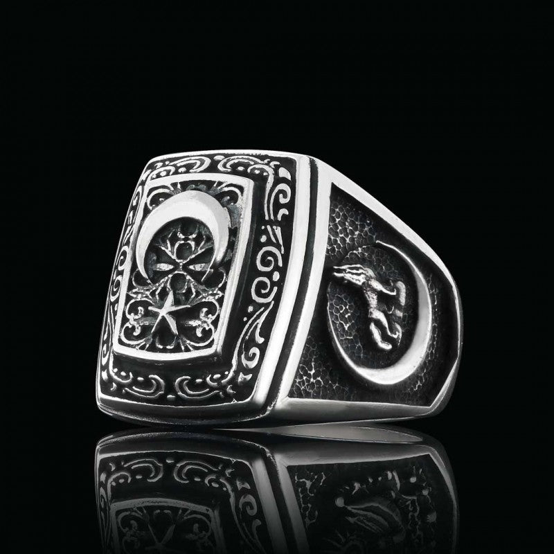 Unique Howling Wolf with Crescent&Star Motif Ottoman Ring