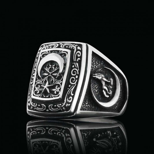 Unique Howling Wolf with Crescent&Star Motif Ottoman Ring