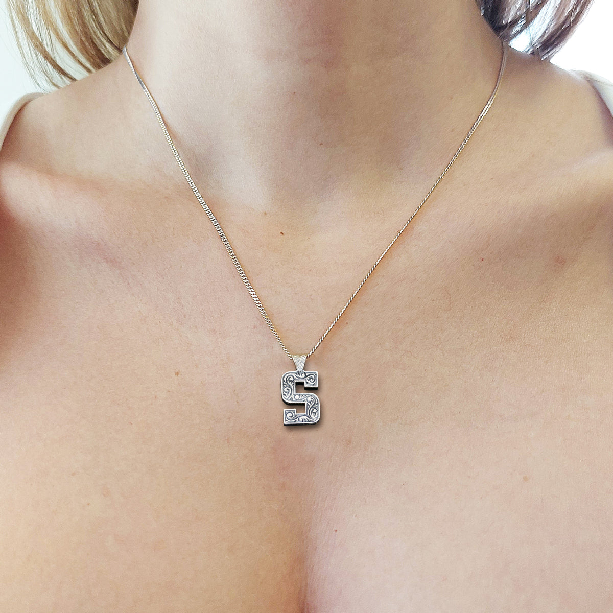 Unisex Special Design Letter Handmade Monogram S Sterling Silver Necklace by SWISS PLUS - Letter Collection - view 7