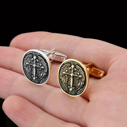Winged Cross Cufflinks, Christian Jewelry, Gold Plated Cross Cufflinks, Religious Accessory, Crucifix Gift Cufflinks Silver