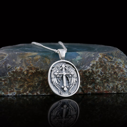 Winged Cross Necklace, Christian Jewelry, Gold Plated Cross Pendant, Religious Accessory, Crucifix Gift Necklace Silver