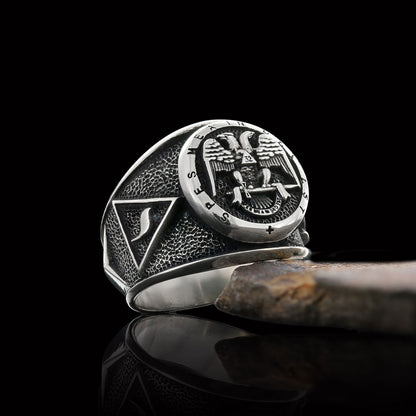 32nd Degree Masonic Ring, Two-Headed Eagle Ring, Engraved Freemason Ring, Masonic Symbol Signet Ring by SWISS PLUS - Mason Co