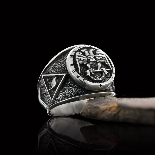 32nd Degree Masonic Ring, Two-Headed Eagle Ring, Engraved Freemason Ring, Masonic Symbol Signet Ring - view 1