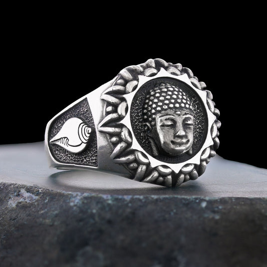 3D Buddha Ring, Om Buddha Ring, Hindu Ring, Shankha Buddha Ring, Endless Knot Ring, Meditation, Yoga, Buddhist Jewelry - view 1