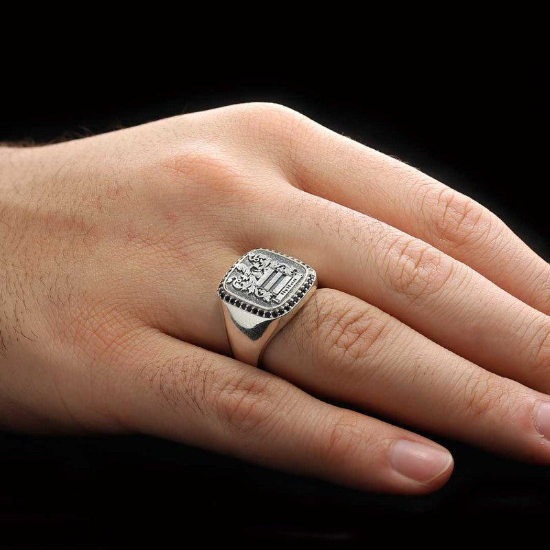 925 Sterling Silver Design Square Engraved Ring