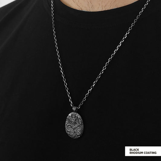 925 Sterling Silver Dragon Pendant Black Rhodium Coating-Chain