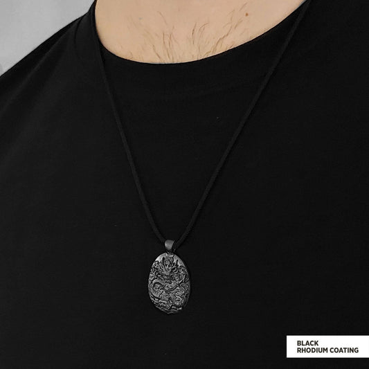 925 Sterling Silver Dragon Pendant Black Rhodium Coating-Cord