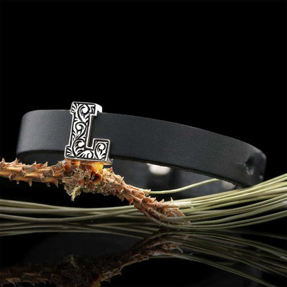 925 Sterling Silver Motif L Letter Leather Bracelet by SWISS PLUS - Letter Collection