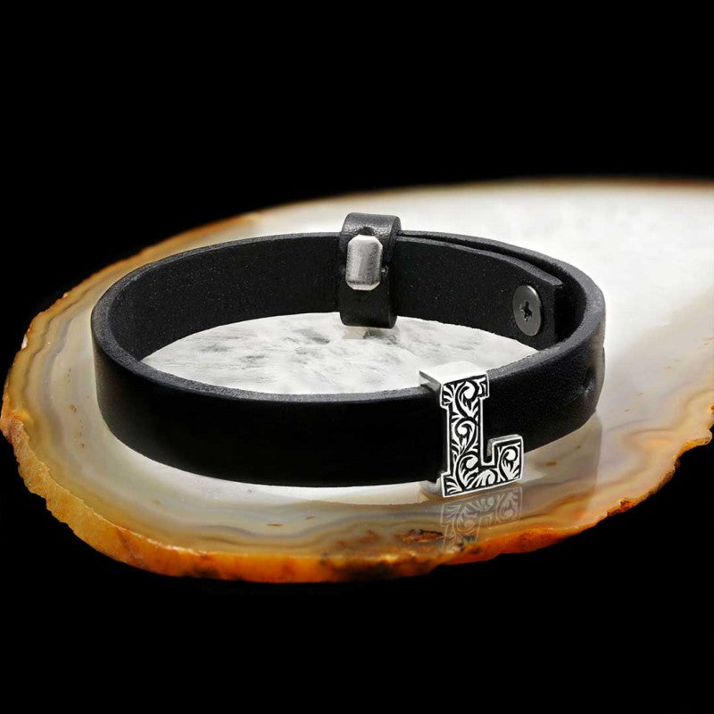 925 Sterling Silver Motif L Letter Leather Bracelet by SWISS PLUS - Letter Collection - view 2