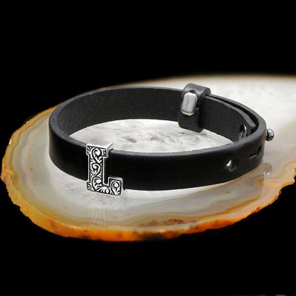 925 Sterling Silver Motif L Letter Leather Bracelet by SWISS PLUS - Letter Collection - view 3