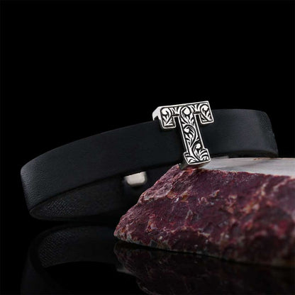 925 Sterling Silver Motif Letter T Leather Bracelet by SWISS PLUS - Letter Collection