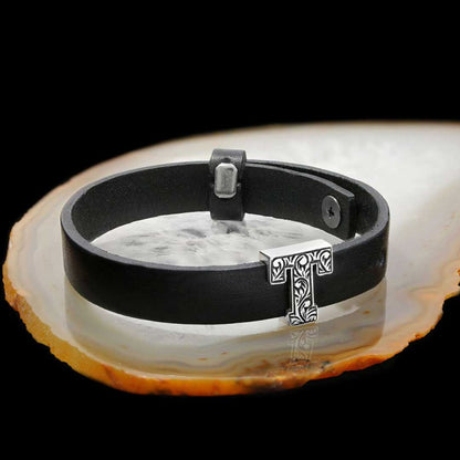 925 Sterling Silver Motif Letter T Leather Bracelet by SWISS PLUS - Letter Collection - view 3