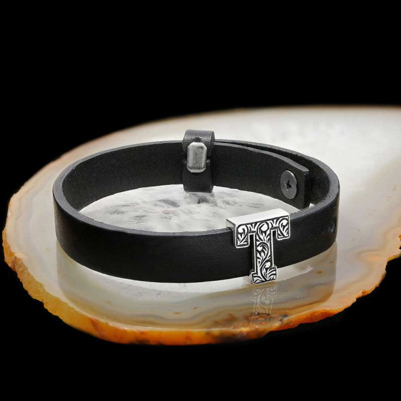 925 Sterling Silver Motif Letter T Leather Bracelet