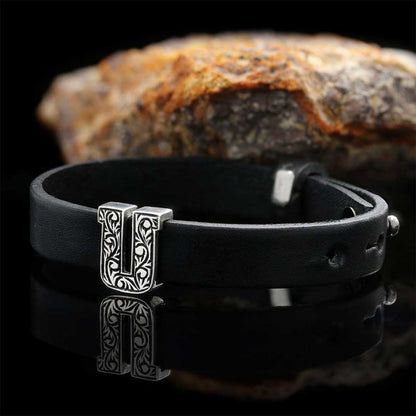 925 Sterling Silver Motif Letter U Leather Bracelet by SWISS PLUS - Letter Collection