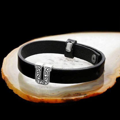 925 Sterling Silver Motif Letter U Leather Bracelet by SWISS PLUS - Letter Collection - view 3