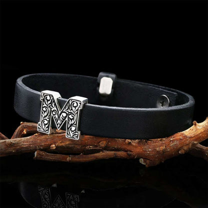925 Sterling Silver Motif M Letter Leather Bracelet by SWISS PLUS - Letter Collection