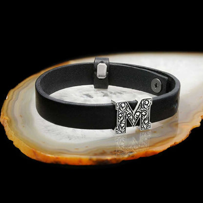 925 Sterling Silver Motif M Letter Leather Bracelet by SWISS PLUS - Letter Collection - view 2