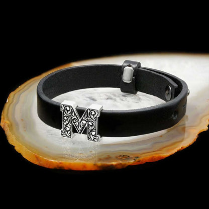925 Sterling Silver Motif M Letter Leather Bracelet by SWISS PLUS - Letter Collection - view 3