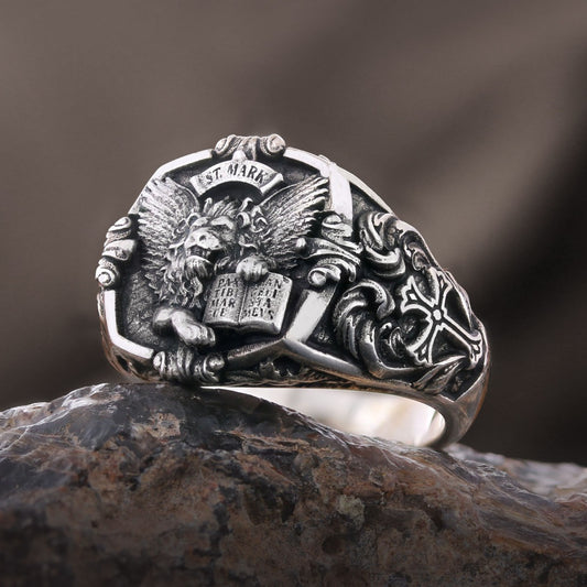925 Sterling Silver St. Mark Lion Ring, Evangelist Lion Cross Ring, Men's Silver Signet Ring, Christian Men's Ring, Religious Gift for Men - view 1