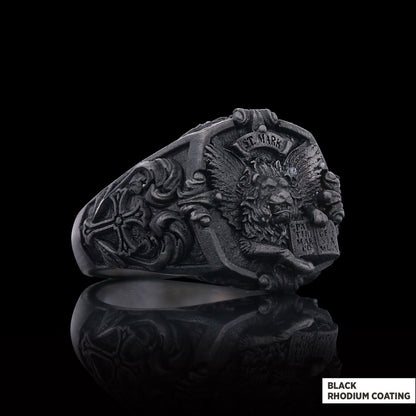 925 Sterling Silver St. Mark Lion Ring, Evangelist Lion Cross Ring, Men's Silver Signet Ring, Christian Men's Ring, Religious