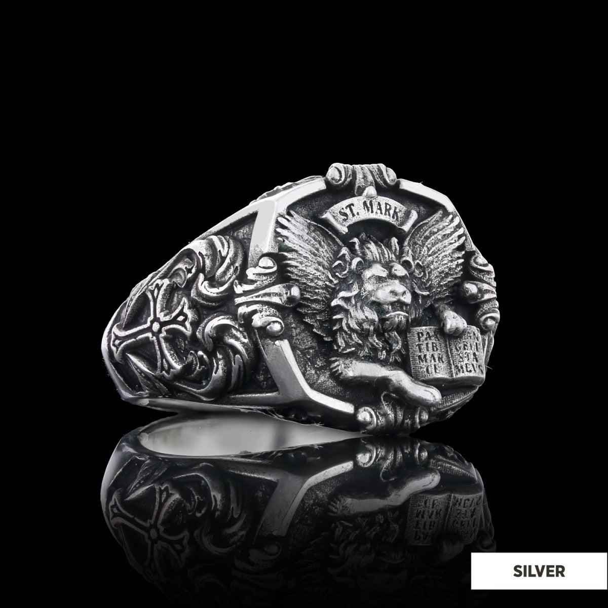 925 Sterling Silver St. Mark Lion Ring, Evangelist Lion Cross Ring, Men's Silver Signet Ring, Christian Men's Ring, Religious Gift for Men - view 3