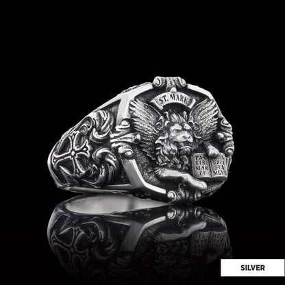 925 Sterling Silver St. Mark Lion Ring, Evangelist Lion Cross Ring, Men's Silver Signet Ring, Christian Men's Ring, Religious